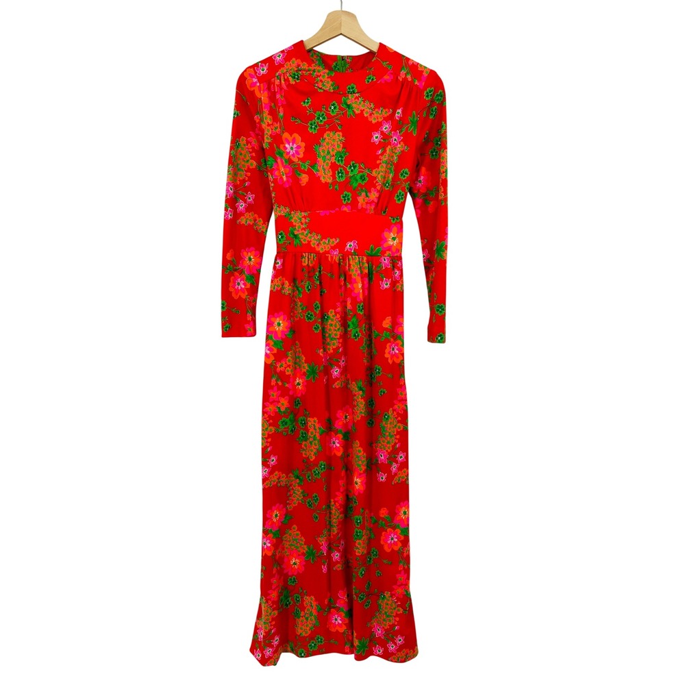 Vintage Keram New York Maxi‎ Dress Women 8 Red Floral Mod Psychedelic 70s